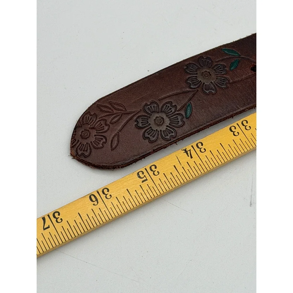 Brown Leather Floral Embossed Belt Silver Tone Buckle Western Boho Hand Painted